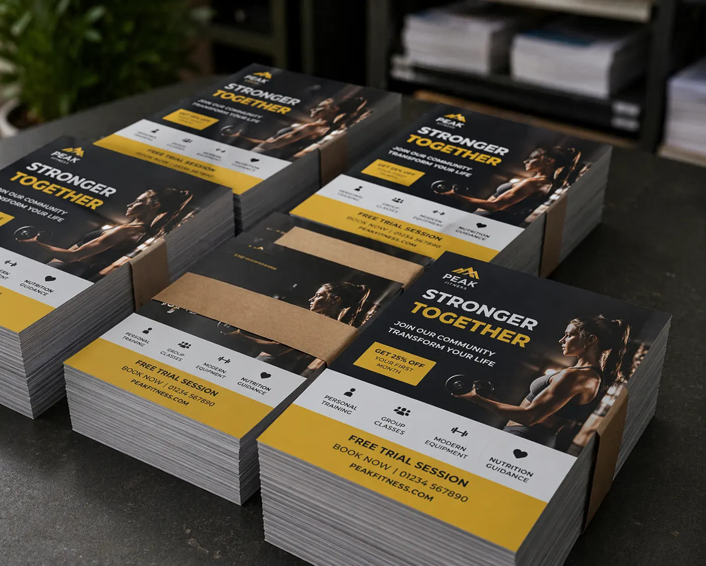 Stacks of freshly printed gym promotion flyers, banded and ready for distribution